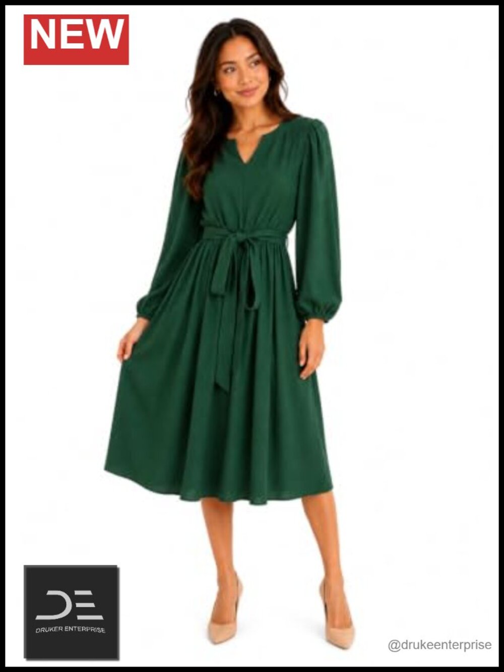 Star Vixen Long Sleeve Notch Neck Belted Knee-Length Dress